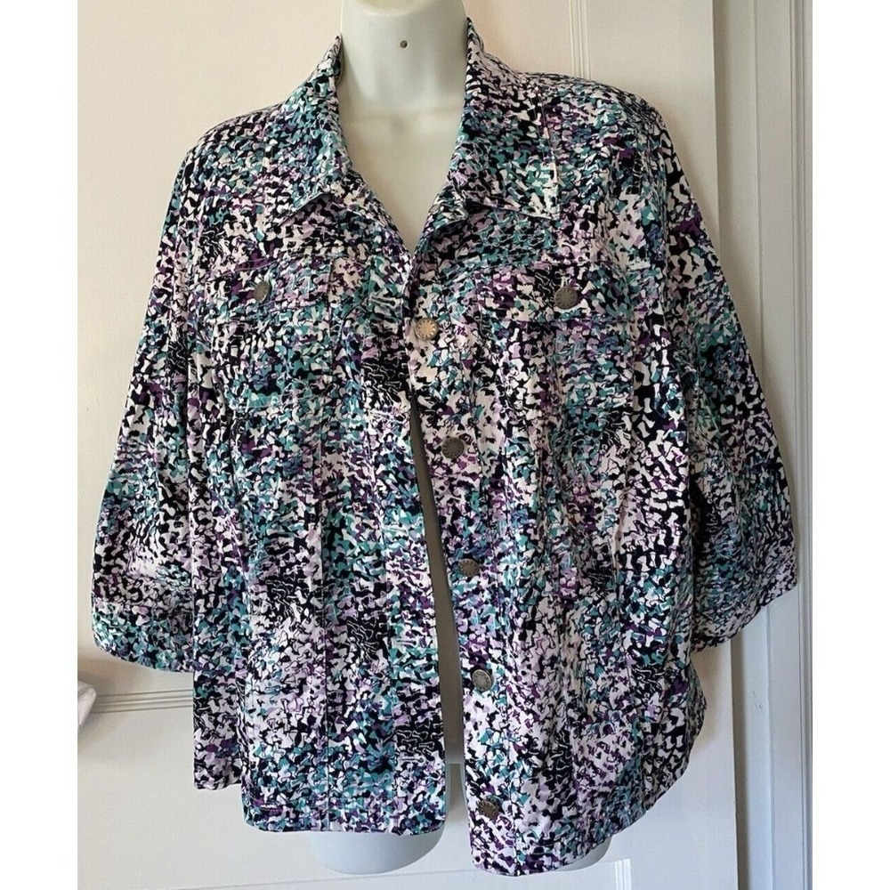 CJ‎ Banks Abstract Print Button Up Jacket 3/4 Sleeve Collared Top Colorful